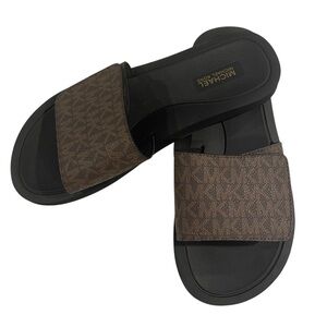 Michael Kors Wade MK Signature Logo Print Slide Women 8 Brown Adjustable Strap